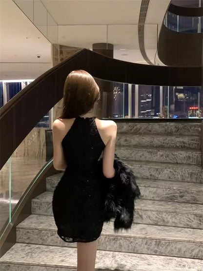 French Sexy Lace Hollow-out Halter Dress Elegant and Fashion Waist-cinching Slim-fit Bodycon Mini Skirt