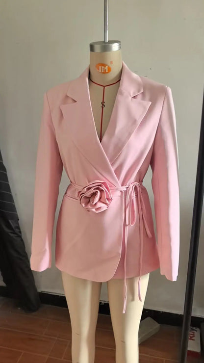 Women Notched Lapel Blazer with Floral Rose Belt Waist Tie Slim Long Sleeve Suit Jacket