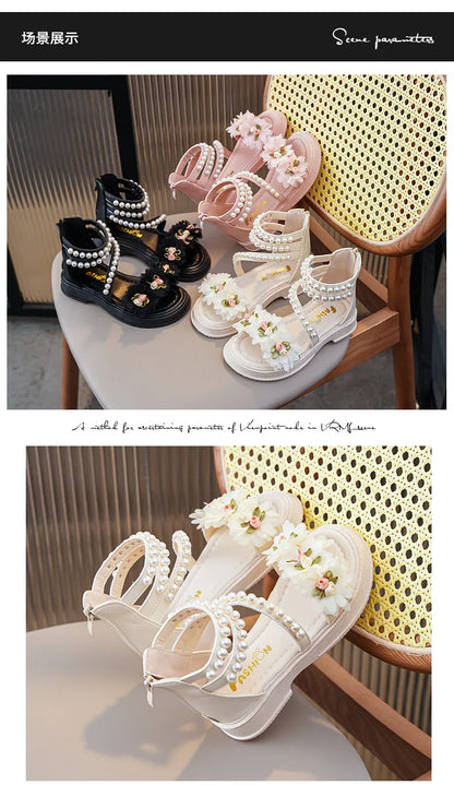 Children's Sandals for Girls Elegant Sandals Pearl Beading Sweet Princess Dress Shoes Kids High-top Roman Sandals Back Zipper