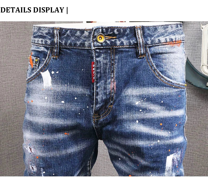 Fashion Streetwear Men Jeans Retro Black Blue Elastic Slim Fit Ripped Jeans Men Spliced Designer Embroidery Hip Hop Denim Pants