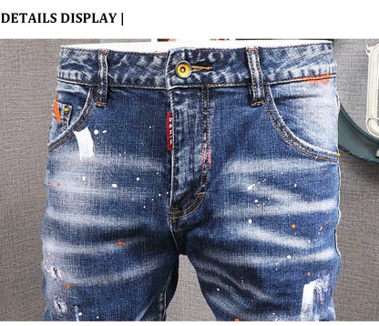 Fashion Streetwear Men Jeans Retro Black Blue Elastic Slim Fit Ripped Jeans Men Spliced Designer Embroidery Hip Hop Denim Pants