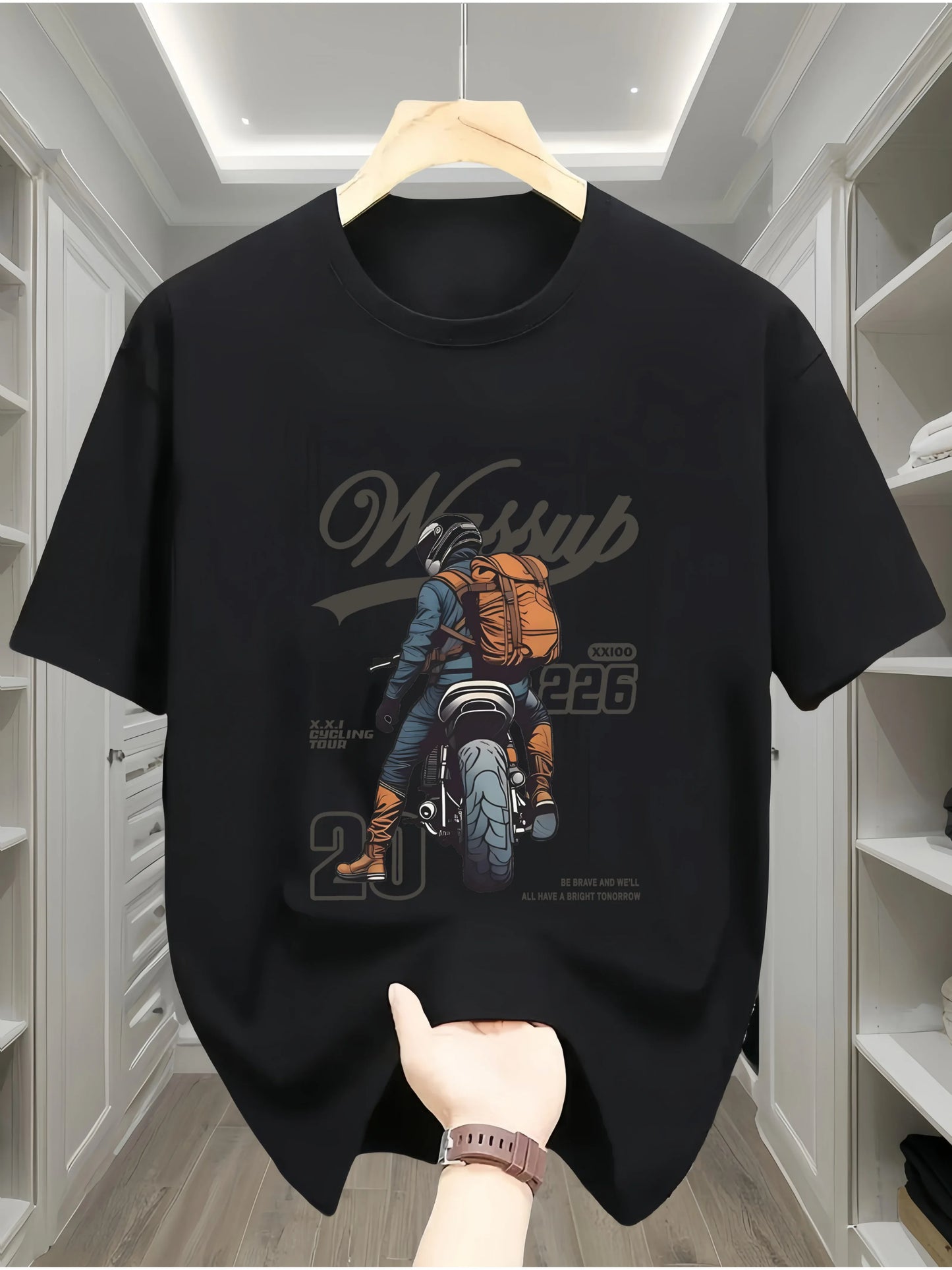 Summer men's 100% pure cotton casual loose oversized classic motorcycle creative printed round neck short sleeved T-shirt top