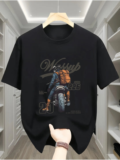 Summer men's 100% pure cotton casual loose oversized classic motorcycle creative printed round neck short sleeved T-shirt top