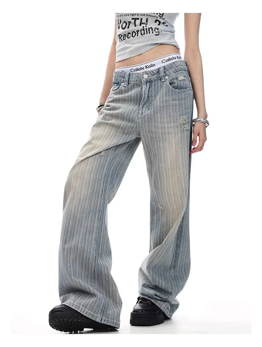 2025 Retro American Waed Striped Hole Denim Jeans Loose High Street Micro Flared Cleanfit Casual Long Trousers for Men And Women