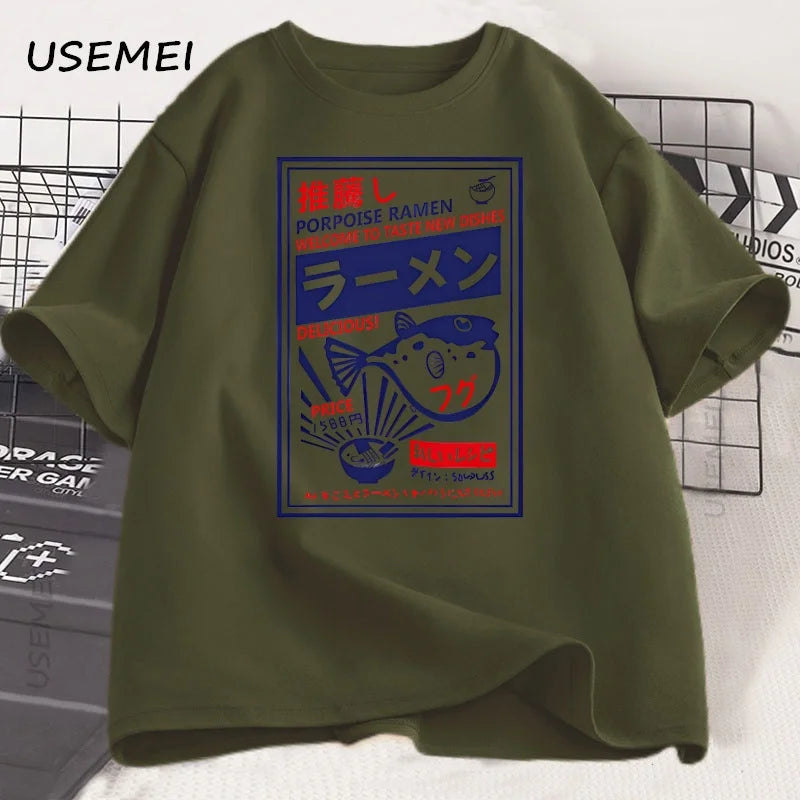 Vintage Fugu Puffer Fish Ramen T-Shirts Japanese Style Cotton Short Sleeve T Shirt Summer Crewneck Loose Tshirt Mens Clothing