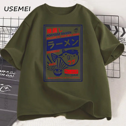 Vintage Fugu Puffer Fish Ramen T-Shirts Japanese Style Cotton Short Sleeve T Shirt Summer Crewneck Loose Tshirt Mens Clothing