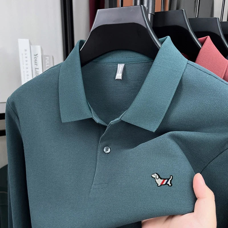 Fashion brand autumn new men's top casual warm 100% cotton long sleeved Polo shirt
