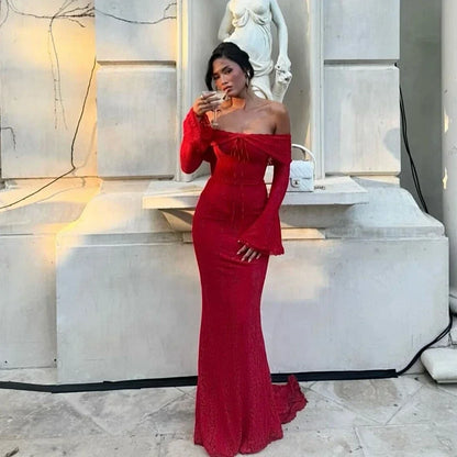 Autumn Off-Shoulder Maxi Dress Elegant Lace Flare Sleeves Red Evening Party Dress Women's New Arrival 2025 Cocktail Dress
