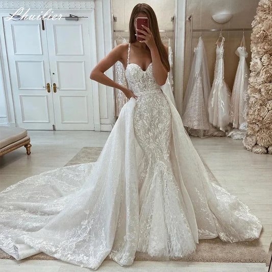 Customized Women's Mermaid Lace Wedding Dresses Sleeveless Lace Appliques Beaded Bridal Gown with Detachable Train