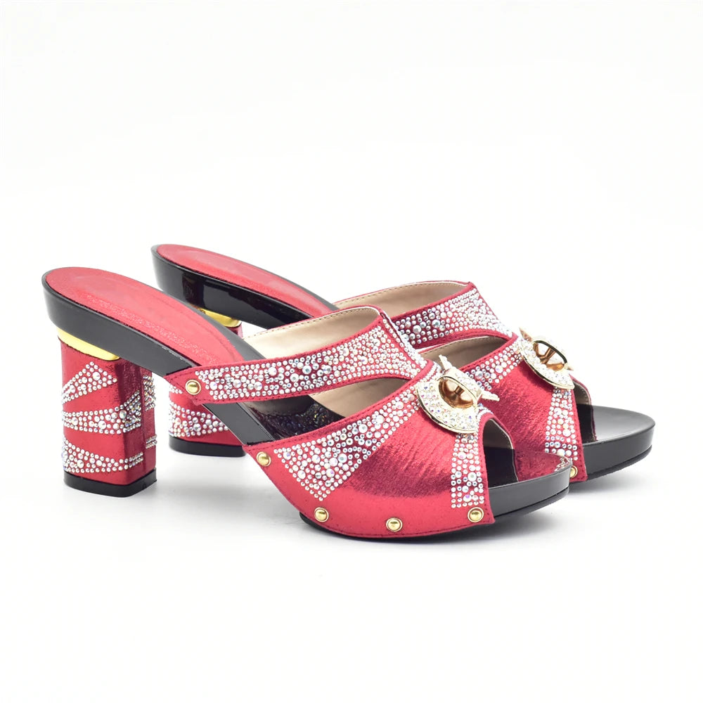 Latest Red Color Italian Ladies Shoes and Bag Sets Decorated with Rhinestone African Matching Shoes and Bags Italian In Women