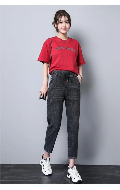Elastic Waist Dad Harem Jeans Women's Light Blue Spring Summer New Style High Waist Wear Resistant Eighteen Inches Blue Jeans