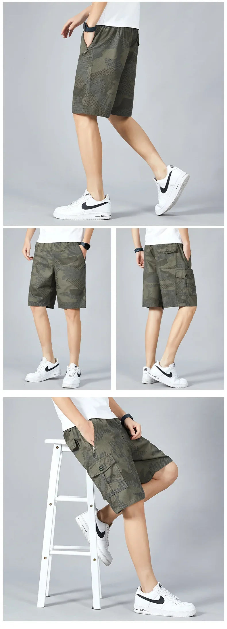 Men's Camo Shorts Elastic Waistband Casual Cargo Shorts Hiking Running Male Clothes Athletic Plus Size Y2K Knee Short Pants