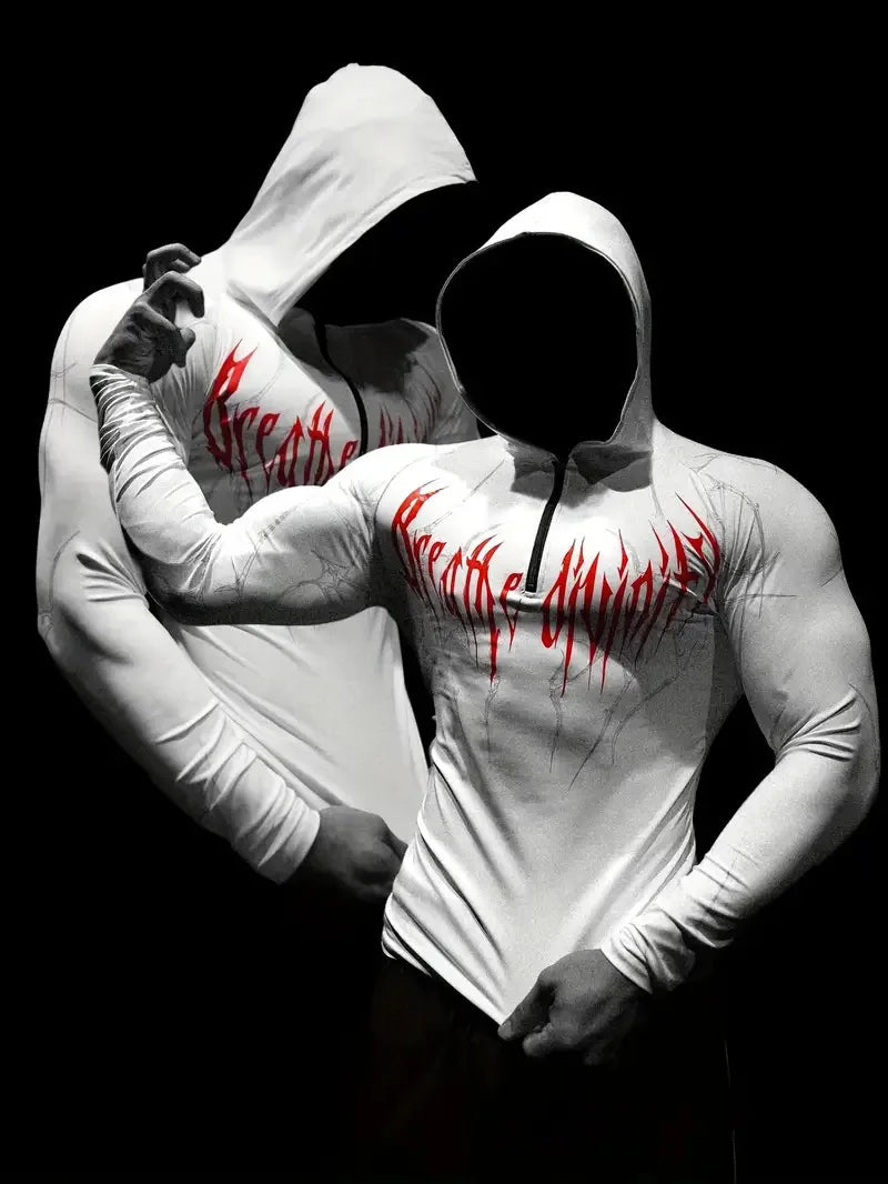 Men'S European Size Sports Fitness Pullover Sweatshirt，Hooded Bodysuit Half-Zip Quick-Dry Stretchy Long-Sleeve Sweatshirt。