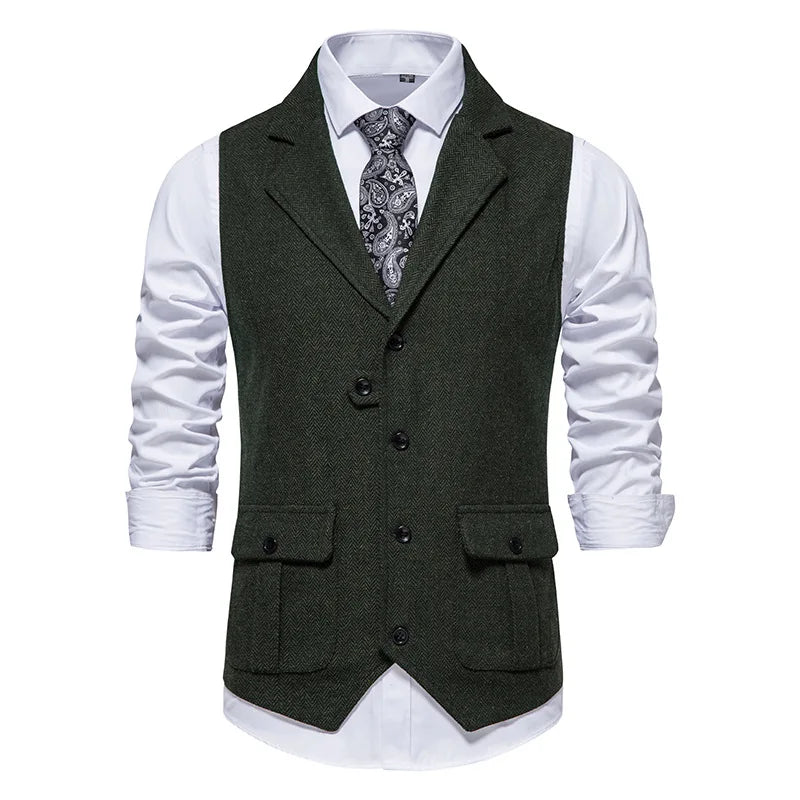 Tailored Collar Vest for Men Single Breasted Herringbone Tweed Suit Vest Mens Formal Striped Waistcoat Punk Groomsmen Wedding
