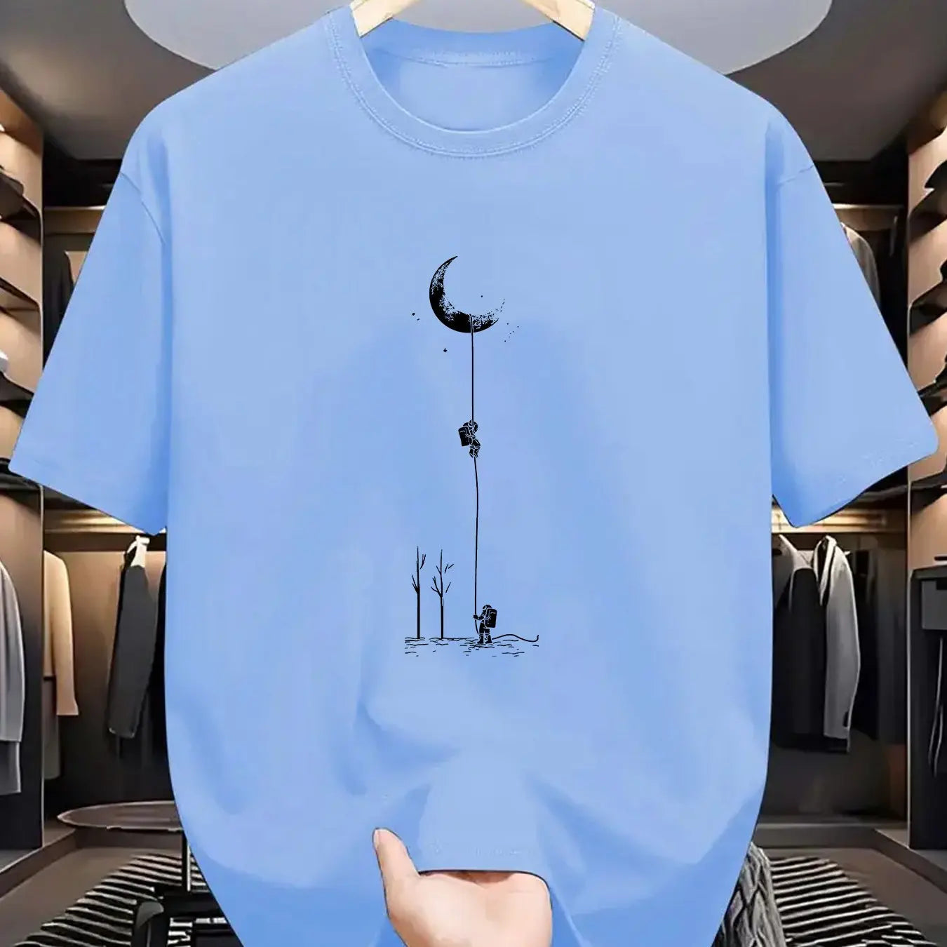 Summer Men's 100% Pure Cotton Casual Loose Fit Plus Size Moon Landing Pattern Printed Round Neck Short Sleeved T-shirt Top