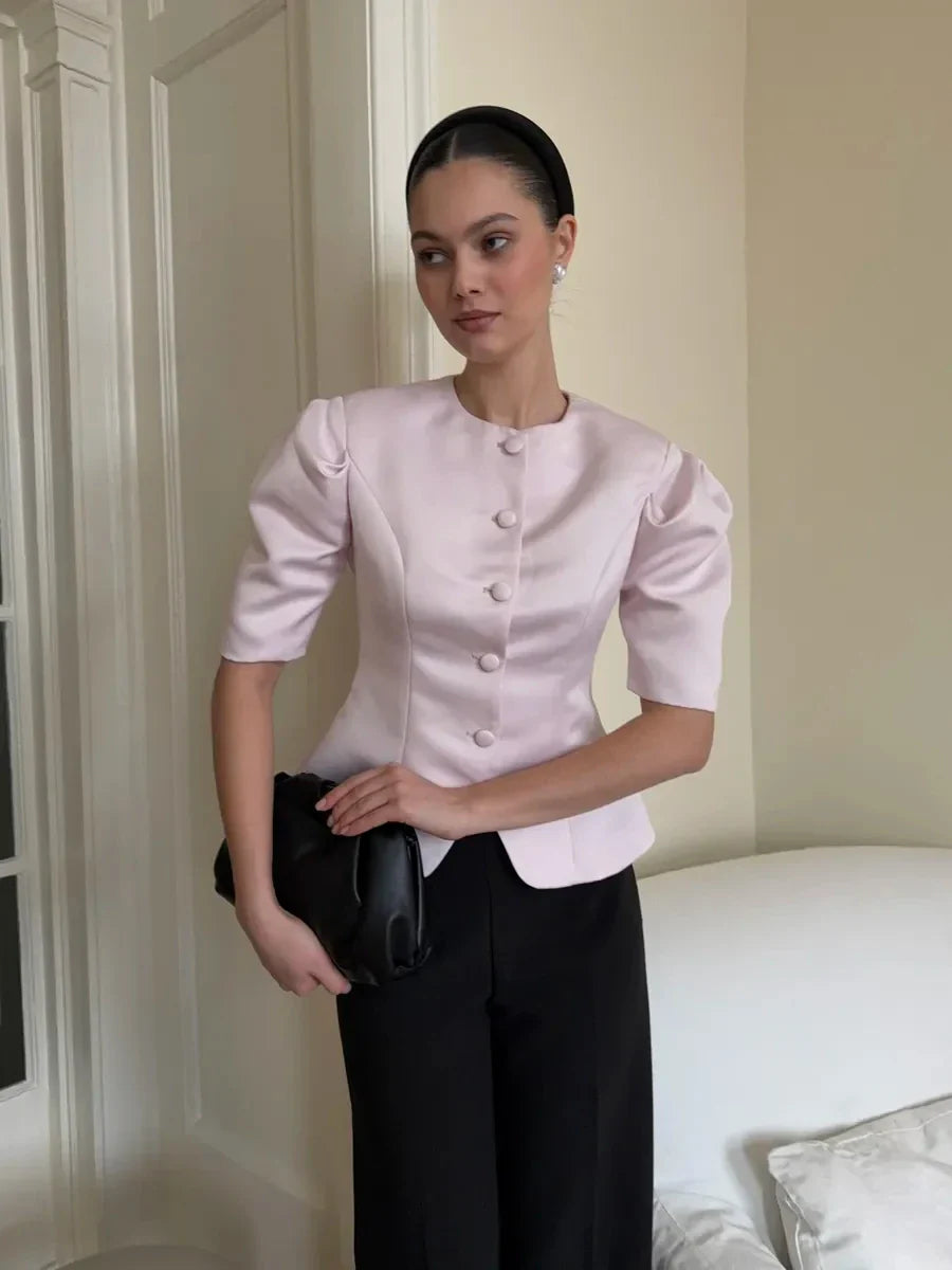 KT Elegant Satin Puff Sleeve Blouse for Women Round Neck Button Down Fitted Waist Asymmetric Hem Office & Formal Wear Tops