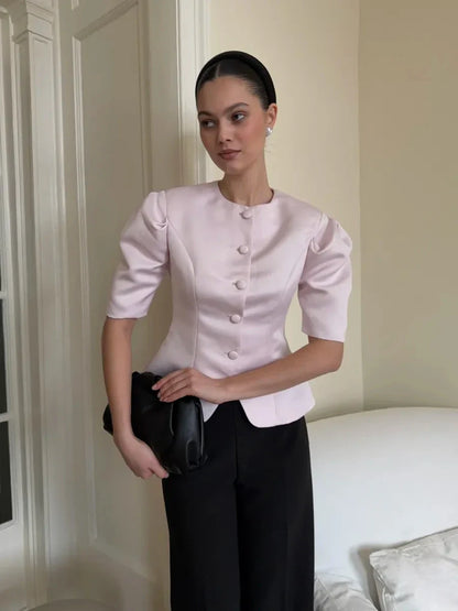 KT Elegant Satin Puff Sleeve Blouse for Women Round Neck Button Down Fitted Waist Asymmetric Hem Office & Formal Wear Tops