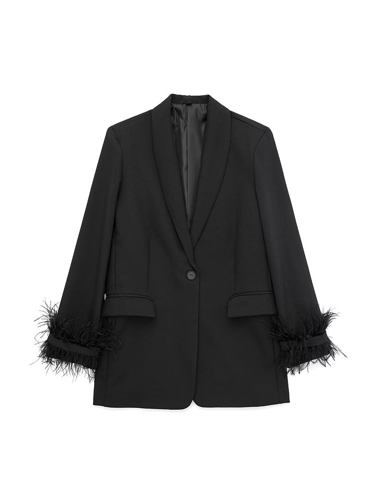 Women Fashion Satin Black With Feather Blazer Jacket Vintage Notched Neck Single Button Long Sleeves Female Outfits