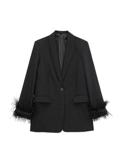 Women Fashion Satin Black With Feather Blazer Jacket Vintage Notched Neck Single Button Long Sleeves Female Outfits