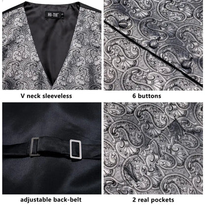 Luxury Mens Waistcoat Tie Set White Black Gray Silver Brown Sleeveless Jacket Suit Vest Necktie Hanky Cufflinks Gift