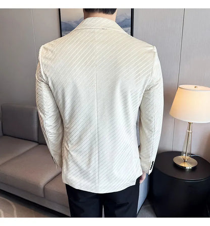 Autumn Winter New Velvet Suit Jacket Men Double-Breasted Striped Slim Fit Casual Coats High Quality Formal Business Tailcoat