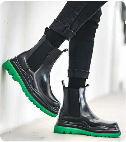 Fashion Mens Sheoes Platform Chelsea Boots Thick Bottom Split Leather Ankle Boots Male Footwear Round Toe Short Boots