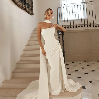 lvory Crepe Wedding Dress Strapless Mermaid Pleated Simple Bride Dresses Satin Vestido De Noiva civil With Train Customized