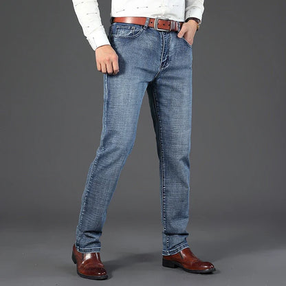 Business Men's Jeans Casual Straight Stretch Fashion Classic Blue Work Denim Trousers Male WTHINLEE Brand Clothing Size 28-40