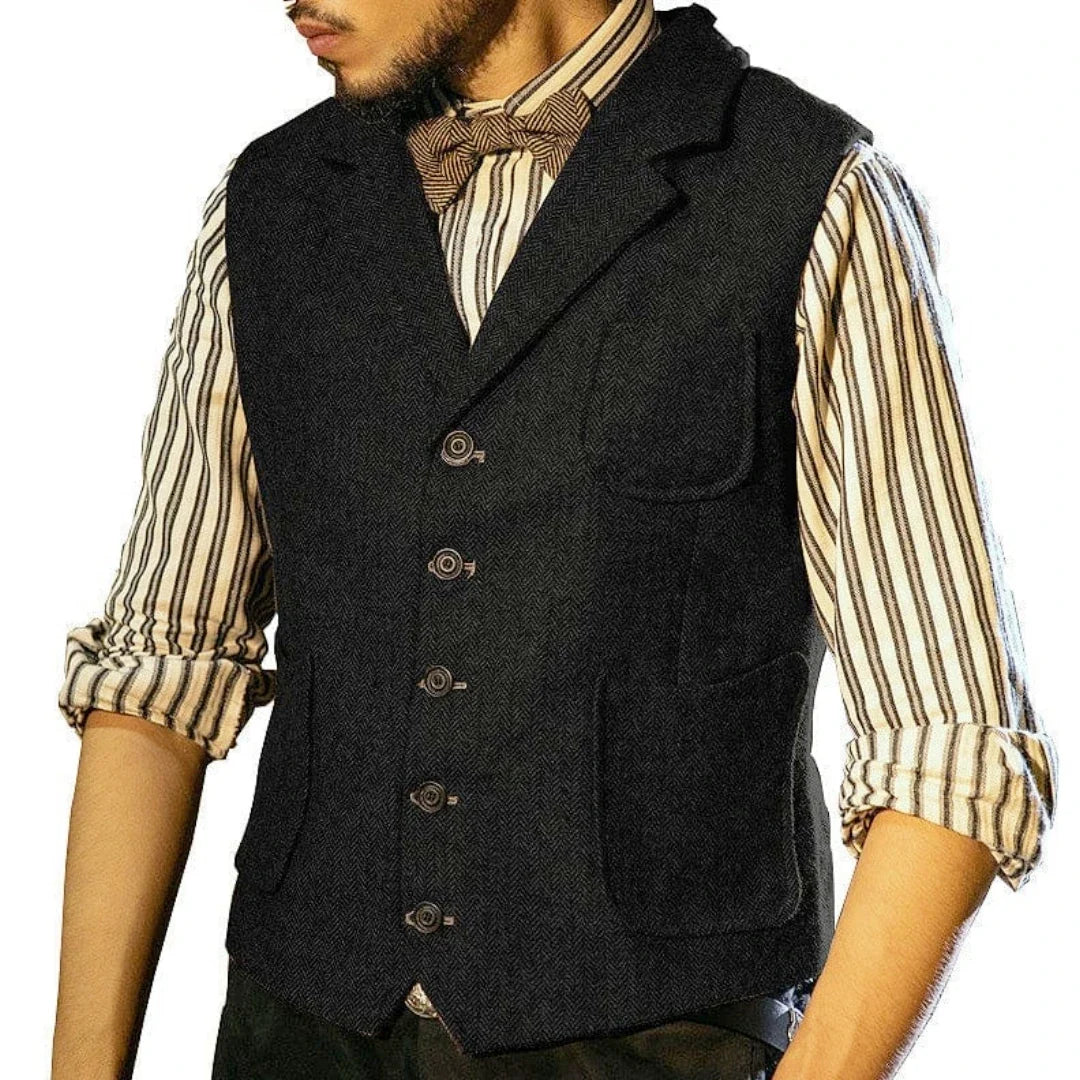 Men Vest Blue Herringbone Single Button With Lapel Pocket Waistcoat For Banquet Business Office Work Casual Daily Men Suit Vest
