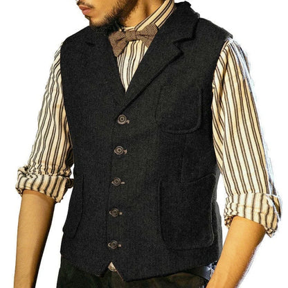 Men Vest Blue Herringbone Single Button With Lapel Pocket Waistcoat For Banquet Business Office Work Casual Daily Men Suit Vest