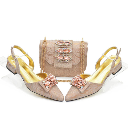 Ladies Shoe and Bag Set Latest Designers Low Heels Elegant Wedding Italian Shoes Bag Set Withn Rhinestone Green Shoe and Purse