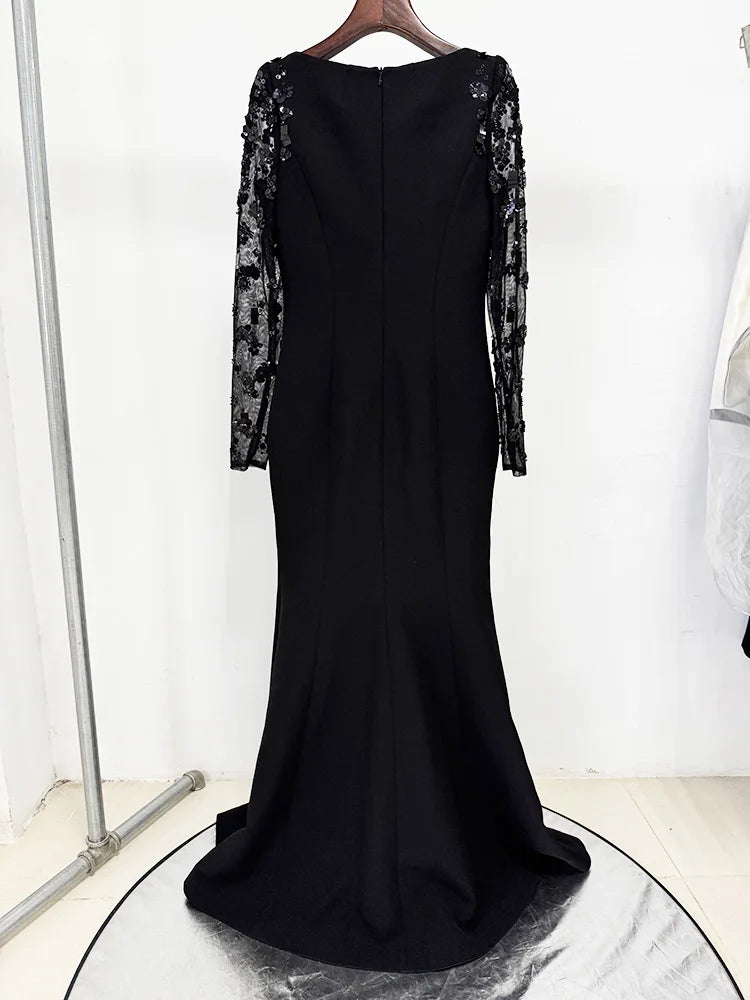 HIGH STREET Newest Fashion 2026 Designer Party Vestido Women's Spliced Mesh Diamonds Beaded Long Sleeved Maxi Long Dress