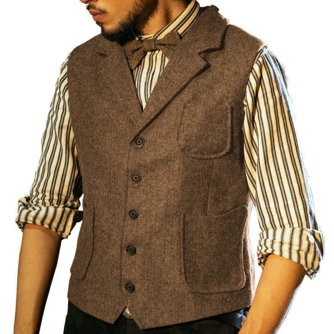 Men Vest Blue Herringbone Single Button With Lapel Pocket Waistcoat For Banquet Business Office Work Casual Daily Men Suit Vest