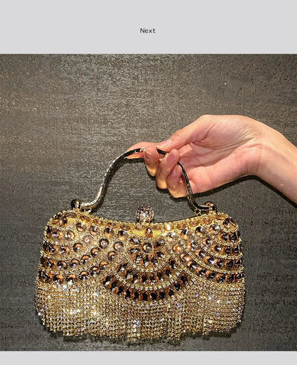 Diamond Evening Clutch Bag Golden Tassel Handbag Boutique Novelty Metallic Rhinestone Purses And Handbags Bridal Wedding Party