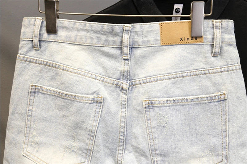 2026 Mens Summer Distressed Denim Shorts Baggy Casual Ripped Jeans Straight Leg Five Inch Shorts Streetwear Loose Fit