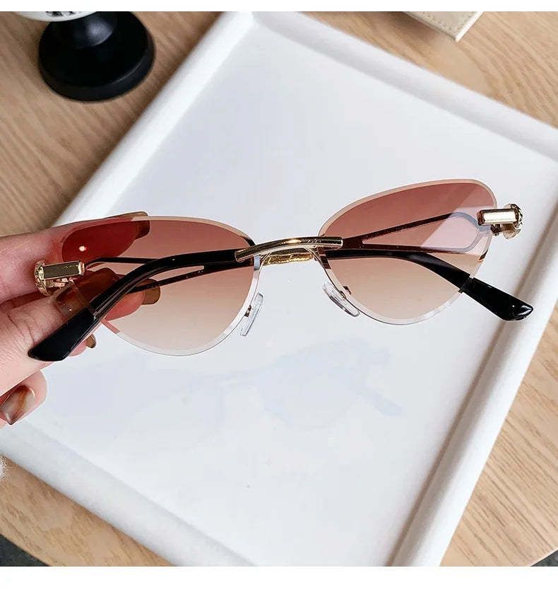 Rimless Cut Edge Cat Eye Sunglasses Gem Inlay Hollow Metal Temple UV400 Gradient Lens Shades for Women Daily Outdoor Sun Glasses