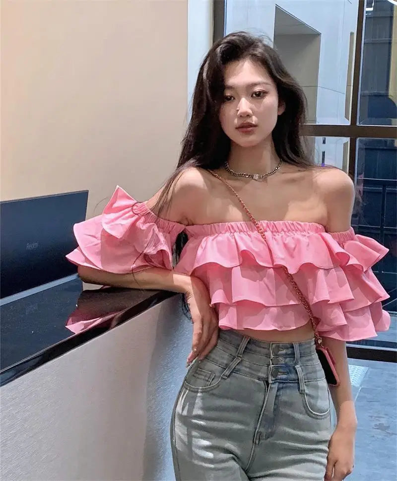 Off Shoulder Fashion Woman Blouse Stacked Ruffles Crop Top Shirt Summer Designer Short Sleeve Chiffon Sexy 2023 New