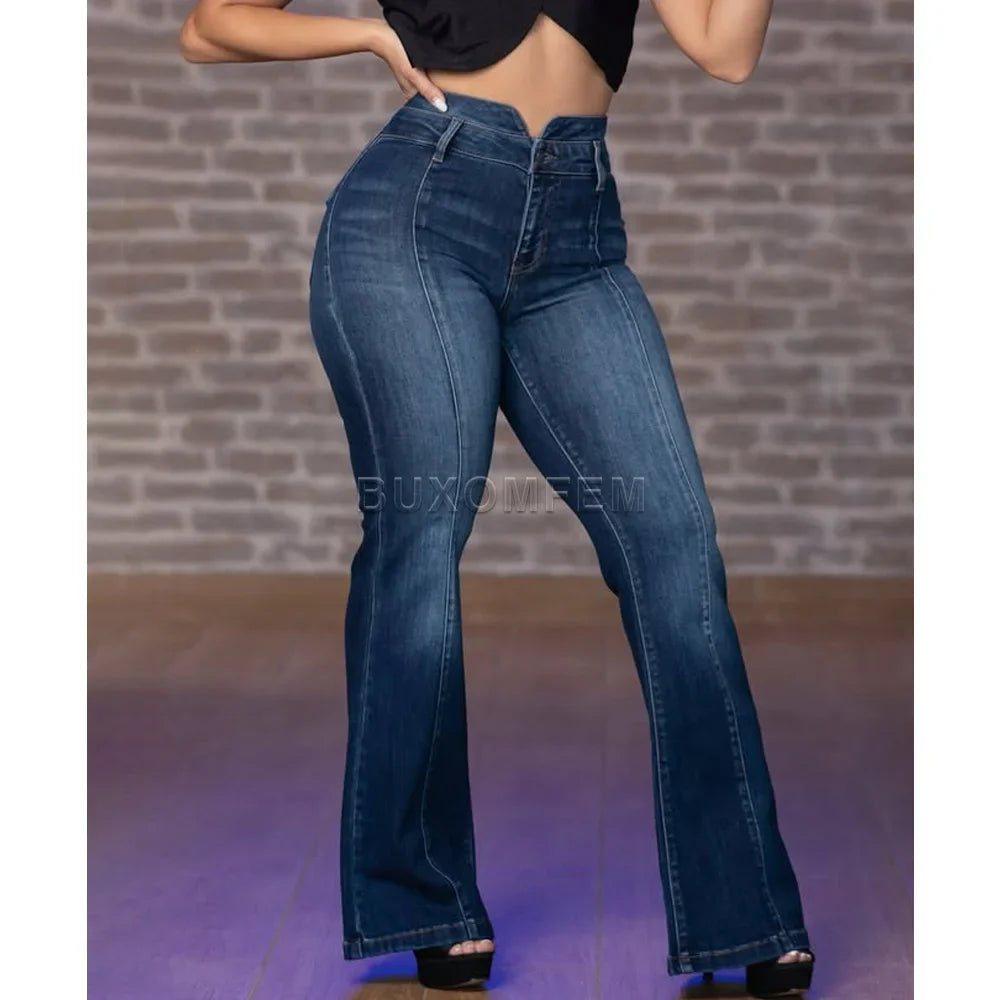 Women's High Waist Stylish Flared Jeans 2025 Ladies Modeling Wrap Hips Trousers Female Retro Comfortable Washed Denim Pants