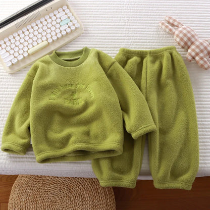 Winter Warm Kids Loungewear Suit Baby and Girls Boys Loose Embroidery Full Fleece Coat Tops+Pant Set Child 2PCS Homewear 1-8 Yrs