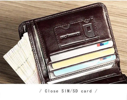 Luxury Men Wallet Slim Genuine Cow Leather Male RFID Trifold Short Purse For Men with ID Window and Credit Card Holder