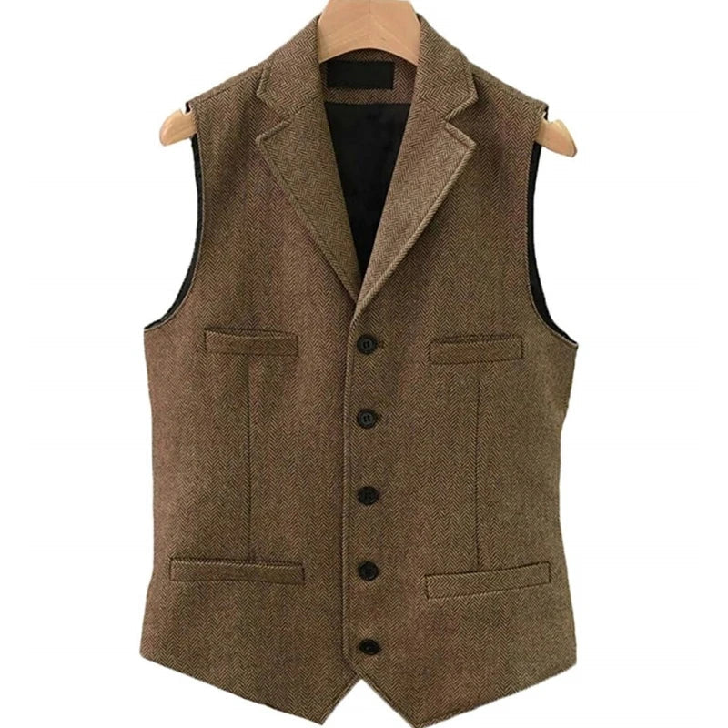 Men Vest Brown Herringbone Single Button With Lapel And Pocket Waistcoat For Wedding Groom Business Formal Banquet Work Men Suit