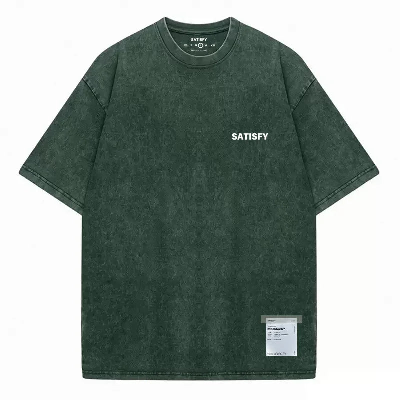 Trendy SATISFY Running MothTech Muscle Round Neck Distressed Pure Cotton Printed Short Sleeve T-shirt Casual Loose Fit Youth ...
