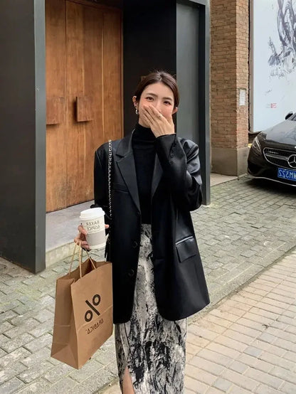 Blazer Woman PU Leather Black Outerwears Long Over Loose Jacket Coats for Women Solid Clothes Dress Korean Style Fashion 2025