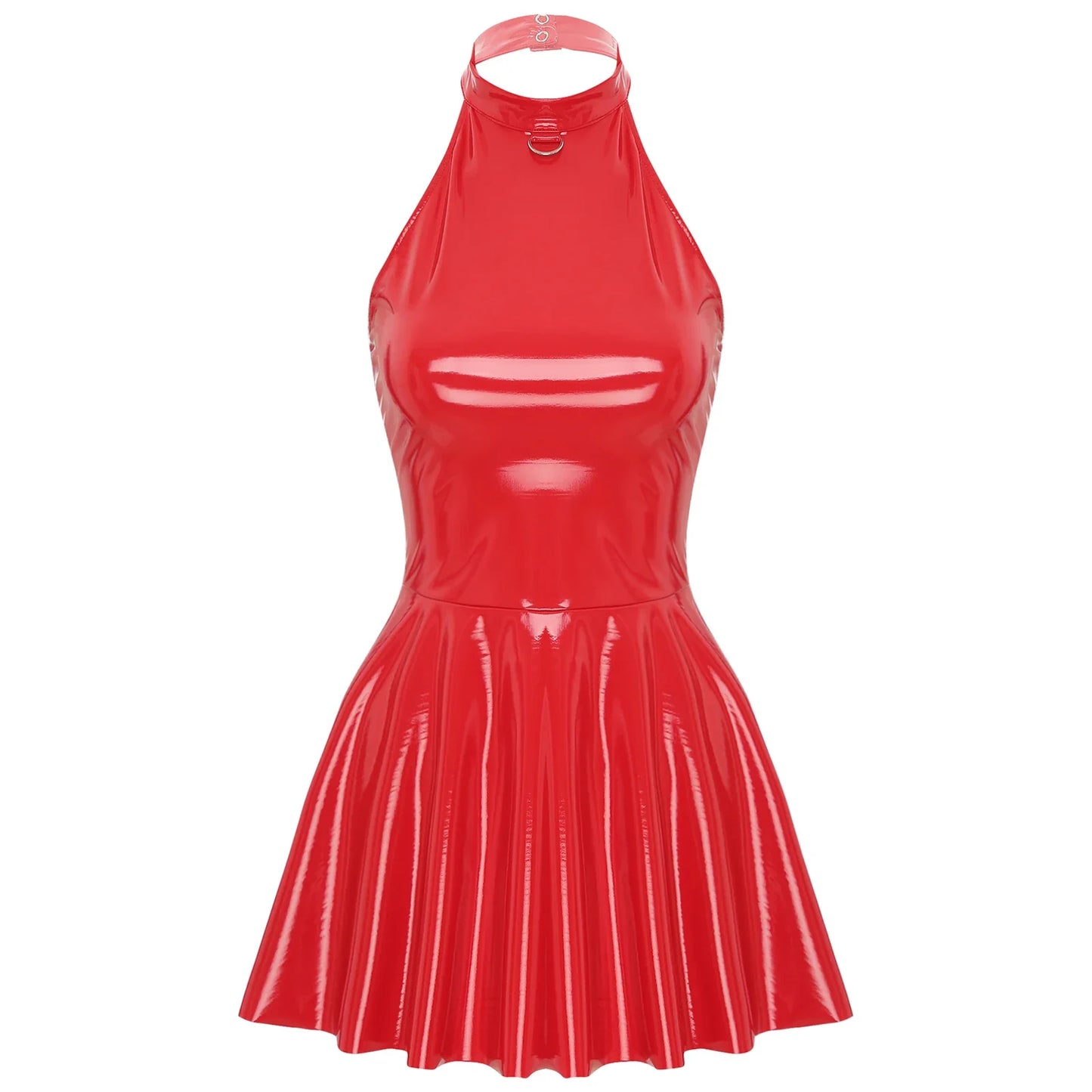 Womens Glossy Patent Leather Glossy Mini Skater Dress Halter Backless Bodycon Lingerie A-Line Dresses Rave Disco Party Clubwear