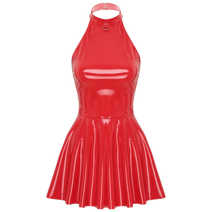 Womens Glossy Patent Leather Glossy Mini Skater Dress Halter Backless Bodycon Lingerie A-Line Dresses Rave Disco Party Clubwear