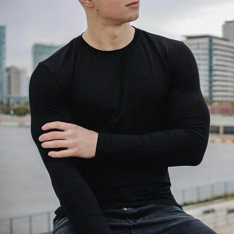 Plain Autunm Cotton Long Sleeve T-shirts Gym Clothing Bodybuilding Fitness Clothing Mens Casual Fashion Slim Fit Sports Shirts
