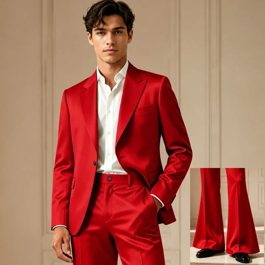 Luxury Men's Shiny Satin Suit 2 Piece Notch Lapel 1 button Jacket Wide Leg Flared Pants Wedding Groom Tuxedo Formal Party