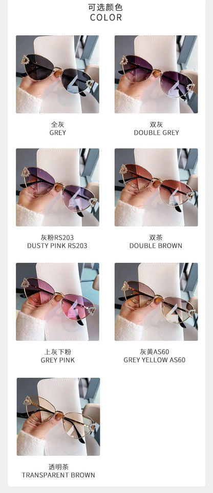 2026 Women Elegant Oval Metal Frame Cat Eye Sunglasses Hollow Rhinestone Wreath Temple UV Protection Gradient Lens Sun Shades