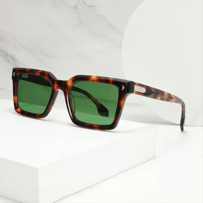 Designer Retro Rivet Tortoise Acetate Rectangle Sunglasses UV400 Non-Polarized Unisex Eyewear