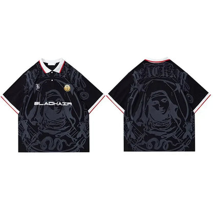 Hip Hop Streetwear Polo T-Shirt Virgin Mary Graphic T Shirt Men Polo Shirt Short Sleeve Harajuku Cotton Tops Tees Red Grey